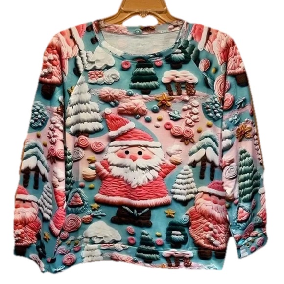 Source Unknown Tops - Christmas Santa Size XXL Yarn Crochet Print Women’s Sweatshirt nwot